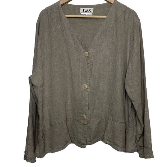 Flax Tops - FLAX Linen Top Jacket Button Down Cardigan Long Sleeve Lagenlook V-Neck L